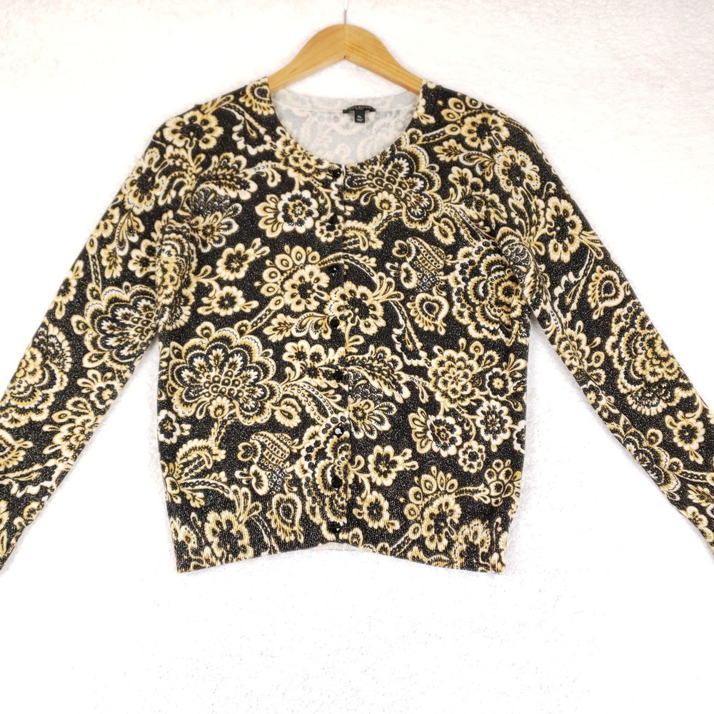 Talbots Petites Cardigan Sweater MP Black Gold Metallic Paisley Baroque Floral